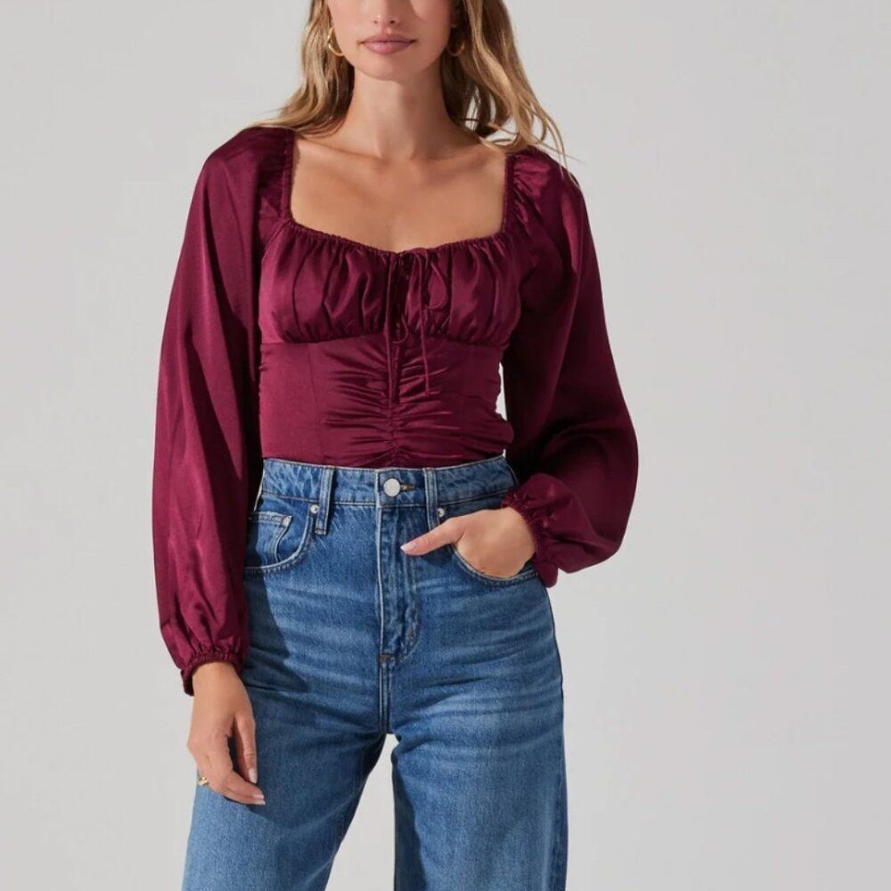 ASTR The Label Wine Burgundy Satin Balloon Sleeve Ruched Bustier Blouse Top S